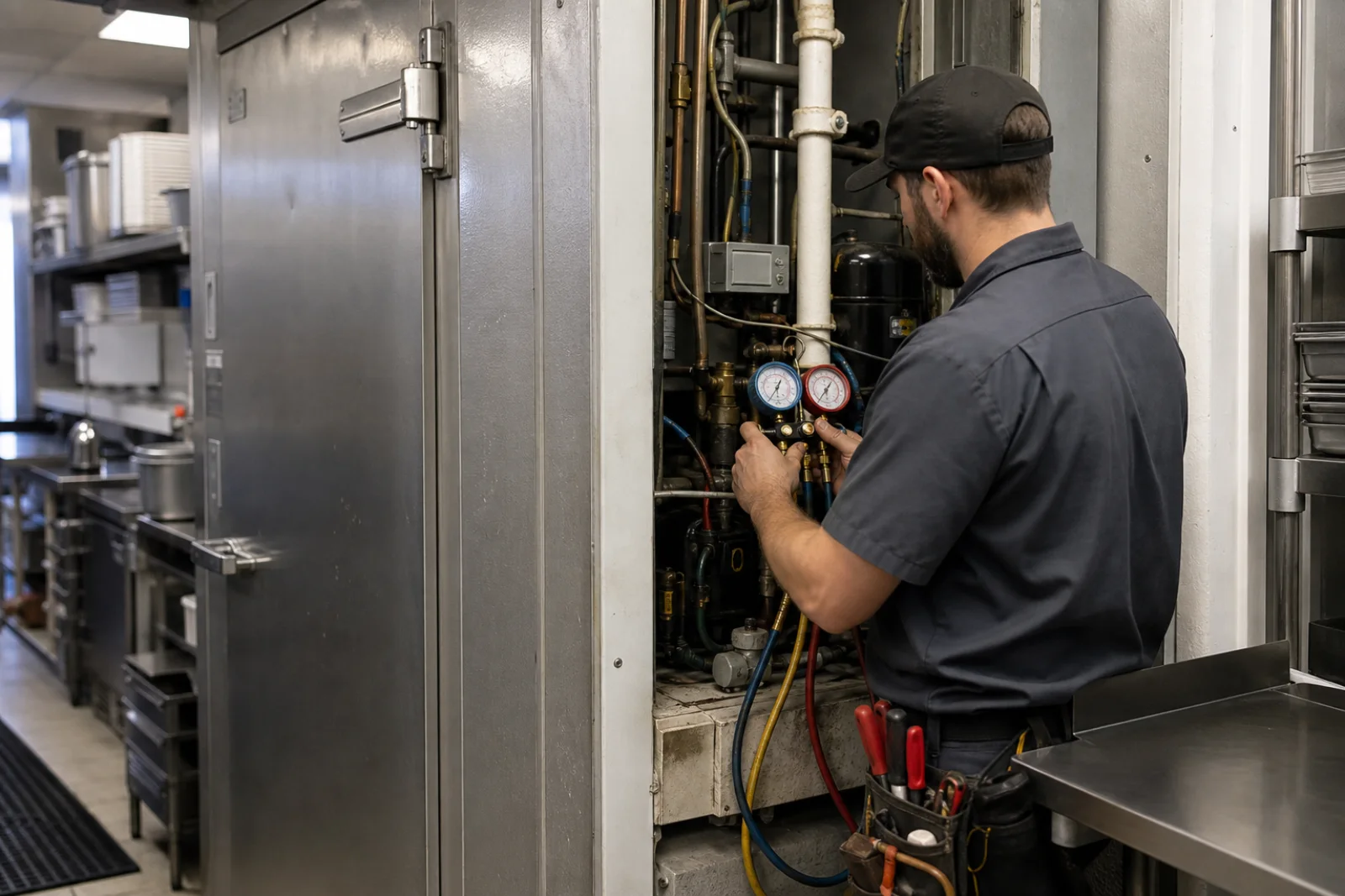 Technician servicing commercial refrigeration equipment