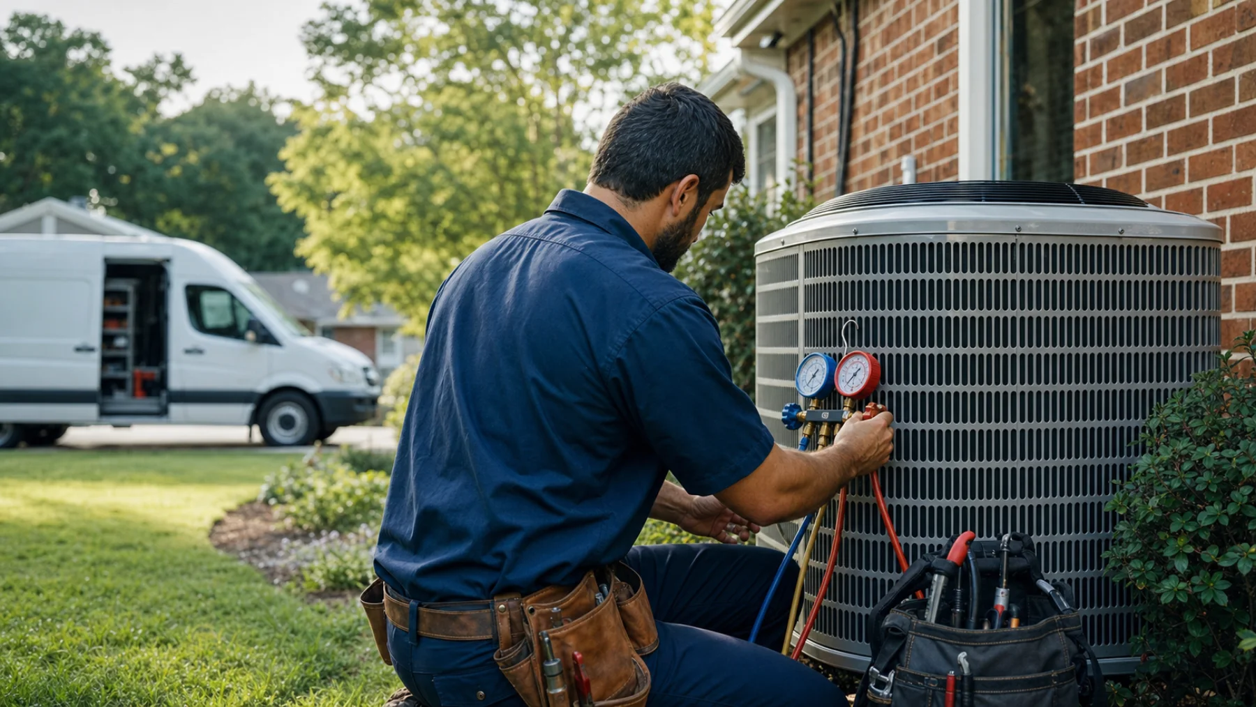HVAC technician servicing an outdoor air conditioning system