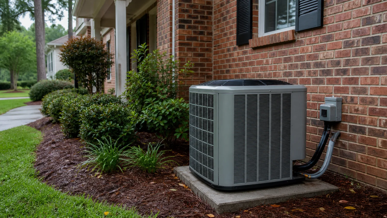 Outdoor air conditioning system beside a brick Atlanta home